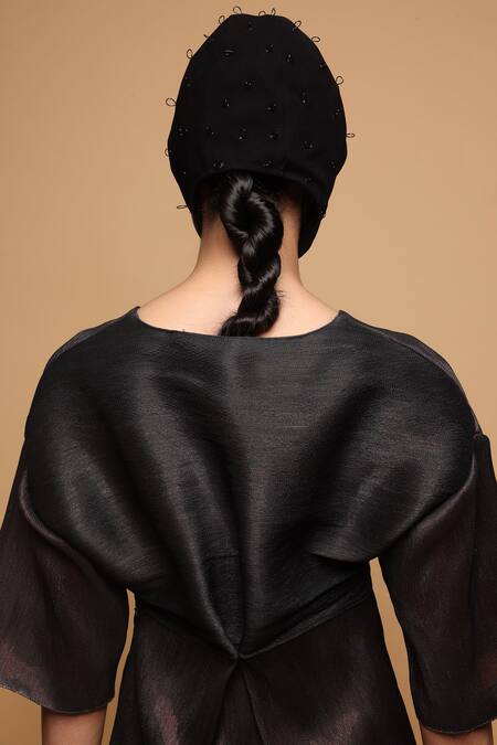 Buy_Somya Goyal_Black Silk, Polyester V-neck Handmade Blush Dress _Online_at_Aza_Fashions