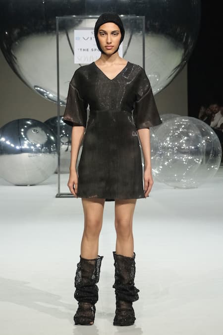 Somya Goyal_Black Silk, Polyester V-neck Handmade Blush Dress _at_Aza_Fashions