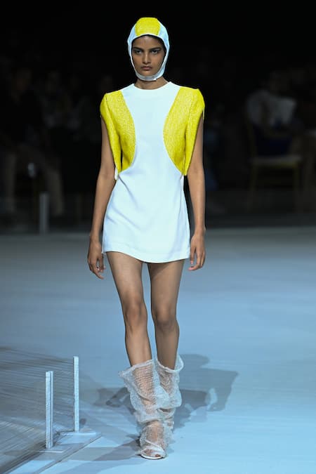 Somya Goyal White Viscose, Polyester, Spandex Nova Dress With Yellow Embellished Sleeves