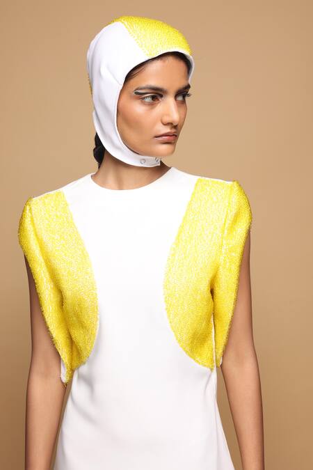 Shop_Somya Goyal_White Viscose, Polyester, Spandex Nova Dress With Yellow Embellished Sleeves _Online_at_Aza_Fashions