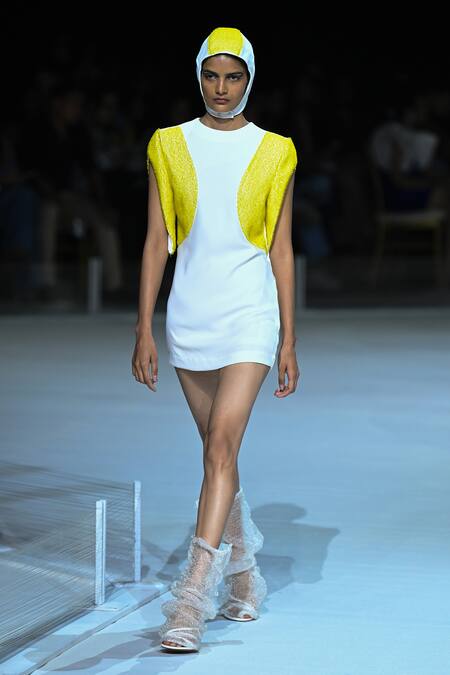 Somya Goyal_White Viscose, Polyester, Spandex Nova Dress With Yellow Embellished Sleeves _at_Aza_Fashions