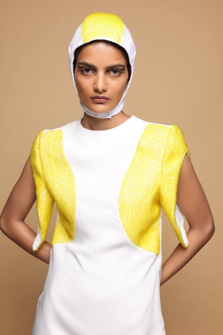 Buy_Somya Goyal_White Viscose, Polyester, Spandex Nova Dress With Yellow Embellished Sleeves 