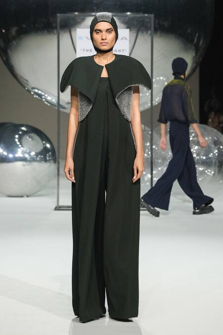 Shop_Somya Goyal_Green Forest Transformed Cape Jacket _Online_at_Aza_Fashions