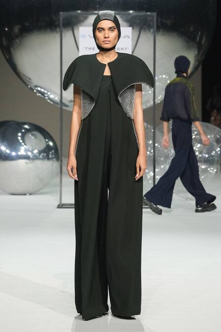 Somya Goyal_Green Viscose, Polyester, Spandex Collared Forest Transformed Jumpsuit _Online_at_Aza_Fashions