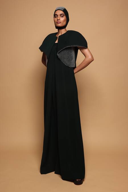 Buy_Somya Goyal_Green Viscose, Polyester, Spandex Collared Forest Transformed Jumpsuit _Online_at_Aza_Fashions