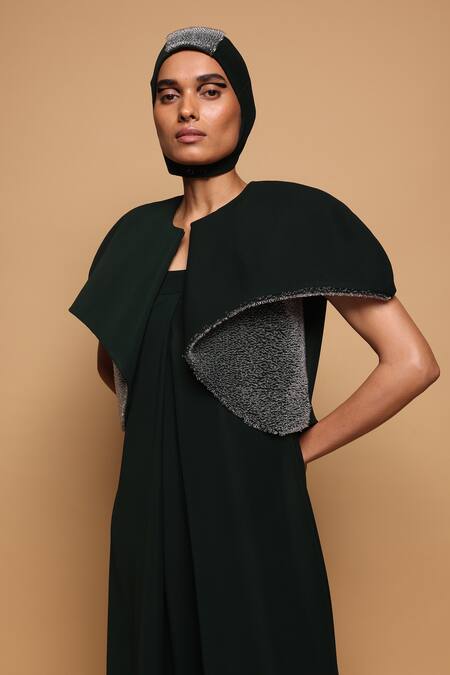 Shop_Somya Goyal_Green Viscose, Polyester, Spandex Collared Forest Transformed Jumpsuit _Online_at_Aza_Fashions