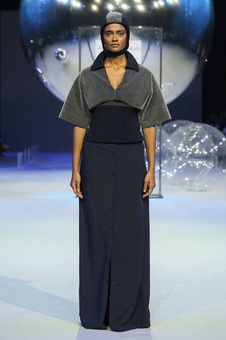 Somya Goyal_Blue Viscose, Polyester, Spandex Collared Night Sky Layer Top _Online_at_Aza_Fashions