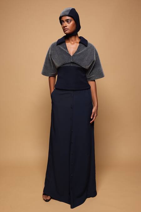 Buy_Somya Goyal_Blue Viscose, Polyester, Spandex Collared Night Sky Layer Top _Online_at_Aza_Fashions