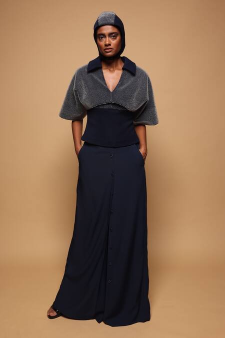 Shop_Somya Goyal_Blue Viscose, Polyester, Spandex Collared Night Sky Layer Top _Online_at_Aza_Fashions