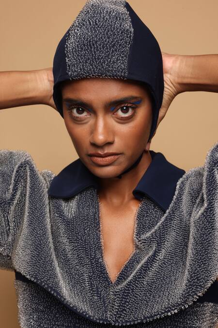 Somya Goyal_Blue Viscose, Polyester, Spandex Collared Night Sky Layer Top _at_Aza_Fashions