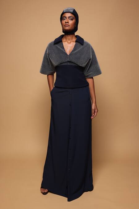 Somya Goyal_Blue Viscose, Polyester, Spandex Front Button-up Trouser _Online_at_Aza_Fashions