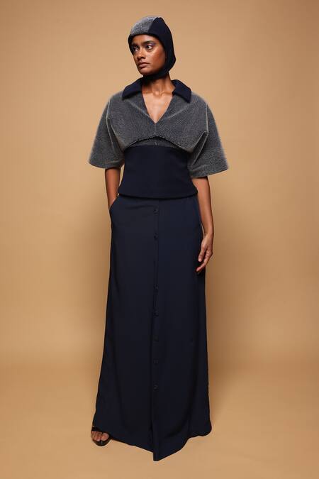 Buy_Somya Goyal_Blue Viscose, Polyester, Spandex Front Button-up Trouser _Online_at_Aza_Fashions
