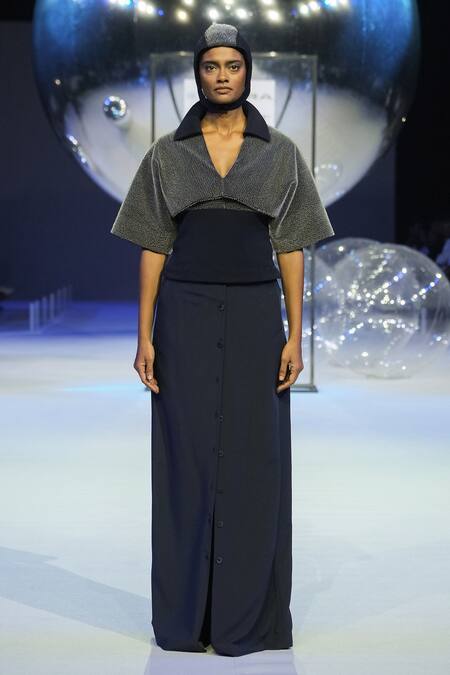 Shop_Somya Goyal_Blue Viscose, Polyester, Spandex Front Button-up Trouser _Online_at_Aza_Fashions