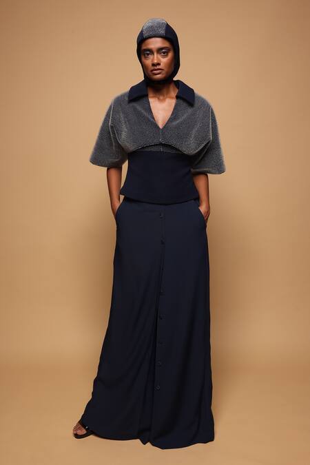 Somya Goyal_Blue Viscose, Polyester, Spandex Front Button-up Trouser _at_Aza_Fashions