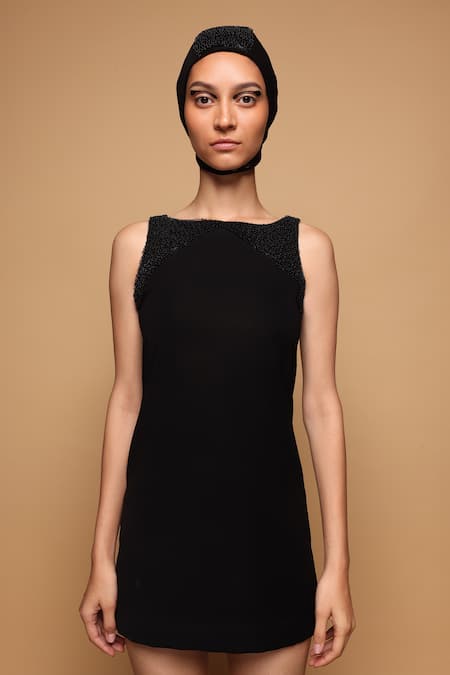 Buy_Somya Goyal_Black Viscose, Polyester, Spandex Beads Boat Neck Contoured Dress _Online_at_Aza_Fashions