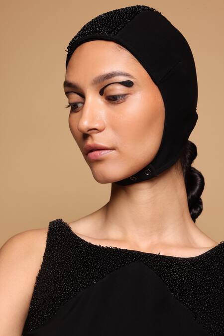 Somya Goyal_Black Viscose, Polyester, Spandex Beads Boat Neck Contoured Dress _at_Aza_Fashions