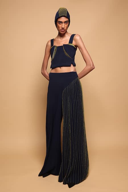 Somya Goyal_Blue Viscose, Polyester, Spandex Square Neck 3d Contour Top _Online_at_Aza_Fashions