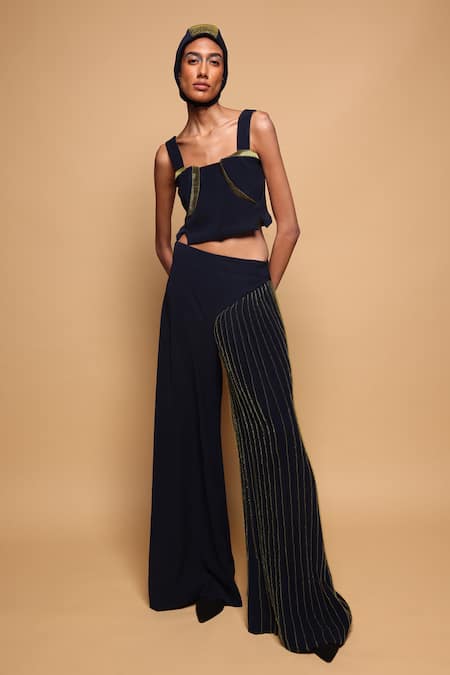 Buy_Somya Goyal_Blue Viscose, Polyester, Spandex Square Neck 3d Contour Top _Online_at_Aza_Fashions