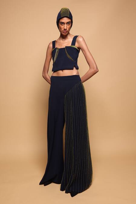 Somya Goyal_Blue Viscose, Polyester, Spandex Eclipse Pinstripe Trousers _Online_at_Aza_Fashions