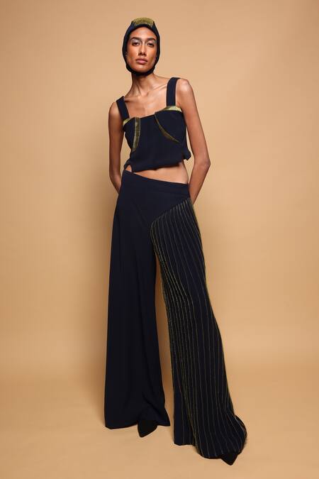 Buy_Somya Goyal_Blue Viscose, Polyester, Spandex Eclipse Pinstripe Trousers _Online_at_Aza_Fashions