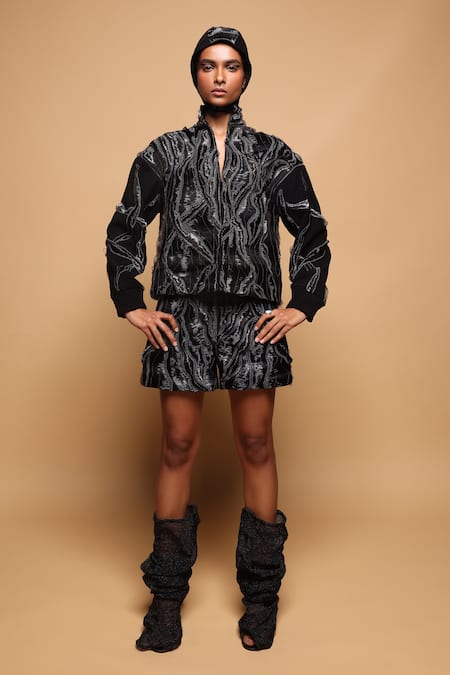 Somya Goyal Black Viscose, Polyester, Spandex Embroidery High Neck Hand Wave Jacket 