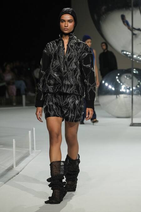 Somya Goyal_Black Viscose, Polyester, Spandex Embroidery High Neck Hand Wave Jacket _Online_at_Aza_Fashions