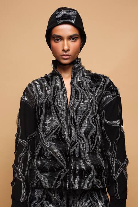 Buy_Somya Goyal_Black Viscose, Polyester, Spandex Embroidery High Neck Hand Wave Jacket _Online_at_Aza_Fashions