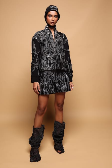 Shop_Somya Goyal_Black Viscose, Polyester, Spandex Embroidery High Neck Hand Wave Jacket _Online_at_Aza_Fashions