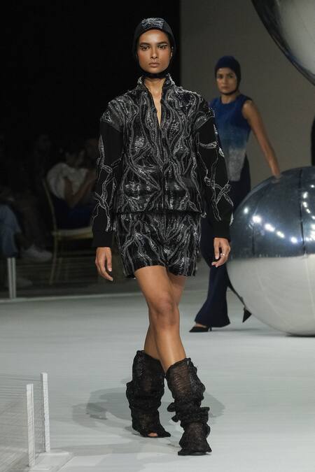 Shop_Somya Goyal_Black Viscose, Polyester, Spandex Embroidery Hand Wave Shorts _Online_at_Aza_Fashions