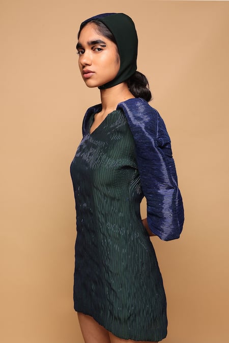 Somya Goyal_Green Organza, Viscose V-neck Electric Vein Dress _Online_at_Aza_Fashions