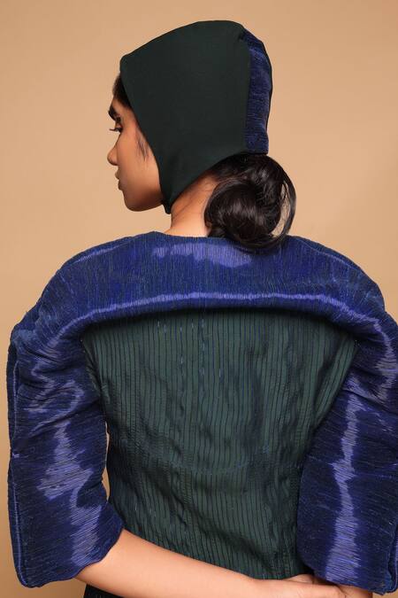 Somya Goyal_Green Organza, Viscose V-neck Electric Vein Dress _at_Aza_Fashions