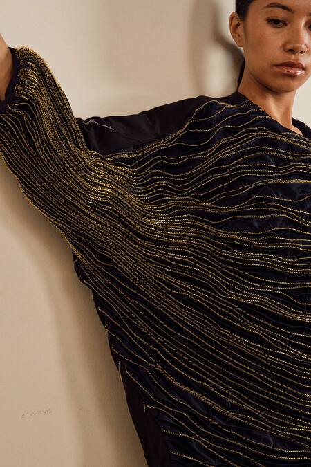 Shop_Somya Goyal_Blue Viscose, Polyester, Spandex Round Neck Stellar Tide Designer Dress _Online_at_Aza_Fashions