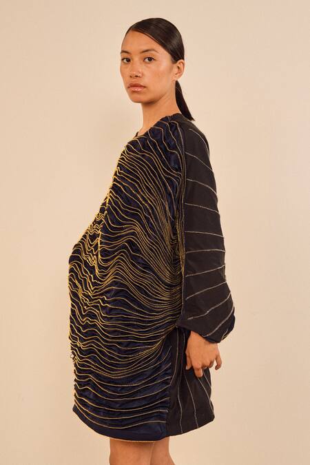 Somya Goyal_Blue Viscose, Polyester, Spandex Round Neck Stellar Tide Designer Dress _at_Aza_Fashions