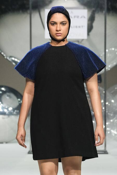 Somya Goyal_Black Viscose, Polyester, Spandex Round Neck Raglan Dress With Blue Cape _Online_at_Aza_Fashions