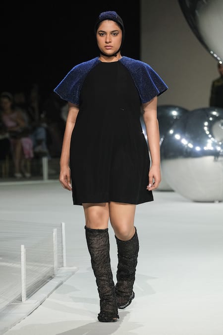 Somya Goyal Black Viscose, Polyester, Spandex Round Neck Raglan Dress With Blue Cape