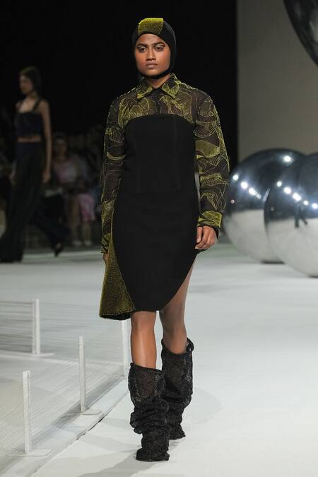 Buy_Somya Goyal_Black Viscose, Polyester, Spandex Embroidery Collared Slant Dress _Online_at_Aza_Fashions