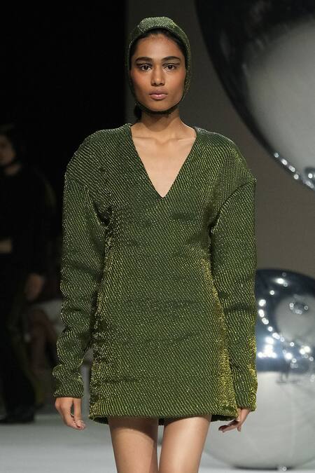 Somya Goyal_Green Viscose V-neck Loom Verse Dress _Online_at_Aza_Fashions