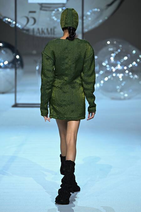 Buy_Somya Goyal_Green Viscose V-neck Loom Verse Dress _Online_at_Aza_Fashions