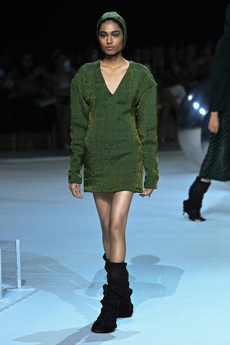 Shop_Somya Goyal_Green Viscose V-neck Loom Verse Dress _Online_at_Aza_Fashions