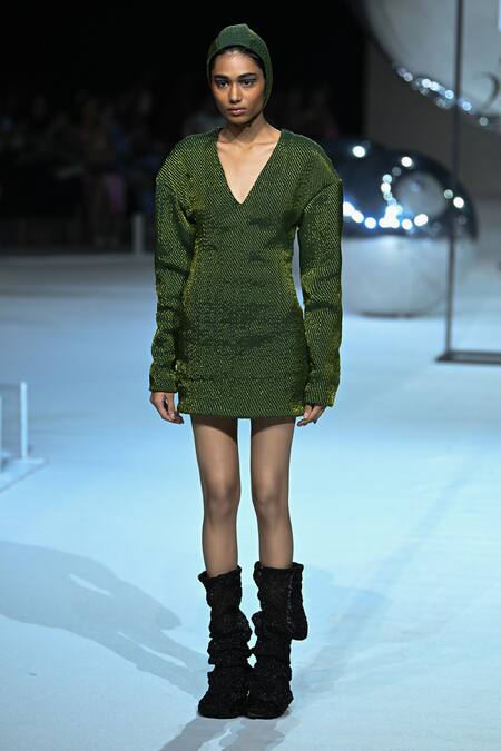 Somya Goyal_Green Viscose V-neck Loom Verse Dress _at_Aza_Fashions