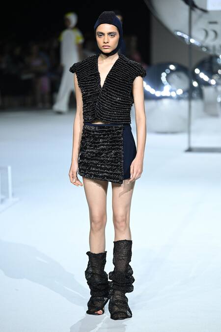 Somya Goyal_Blue Viscose, Polyester, Spandex V-neck Sculpt Cord Top _Online_at_Aza_Fashions