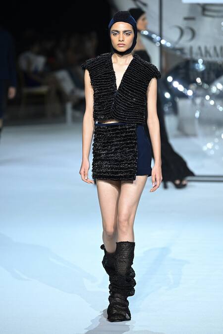 Buy_Somya Goyal_Blue Viscose, Polyester, Spandex V-neck Sculpt Cord Top _Online_at_Aza_Fashions