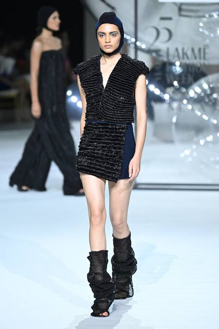 Shop_Somya Goyal_Blue Viscose, Polyester, Spandex V-neck Sculpt Cord Top _Online_at_Aza_Fashions