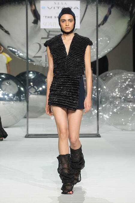 Somya Goyal_Blue Viscose, Polyester, Spandex V-neck Sculpt Cord Top _at_Aza_Fashions