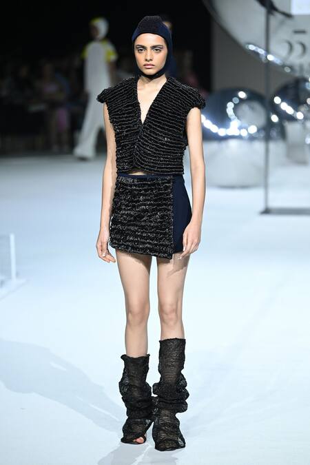 Somya Goyal_Blue Viscose, Polyester, Spandex Sculpt Cord Skort _Online_at_Aza_Fashions