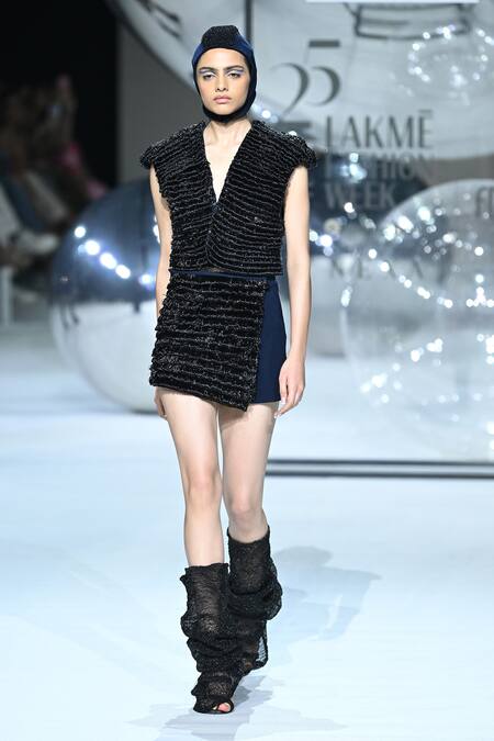 Buy_Somya Goyal_Blue Viscose, Polyester, Spandex Sculpt Cord Skort _Online_at_Aza_Fashions