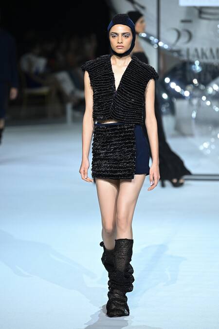 Shop_Somya Goyal_Blue Viscose, Polyester, Spandex Sculpt Cord Skort _Online_at_Aza_Fashions