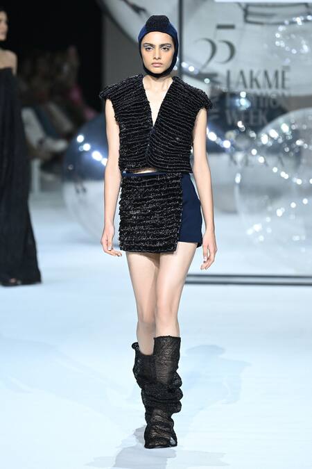 Somya Goyal_Blue Viscose, Polyester, Spandex Sculpt Cord Skort _at_Aza_Fashions