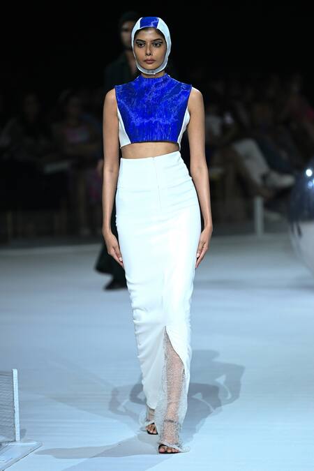 Somya Goyal_Blue Viscose, Polyester, Spandex Round Neck Volt Texture Top _Online_at_Aza_Fashions