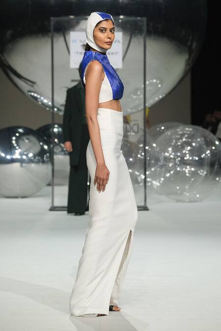 Somya Goyal_White Viscose, Polyester, Spandex Volt Slit Skirt _at_Aza_Fashions